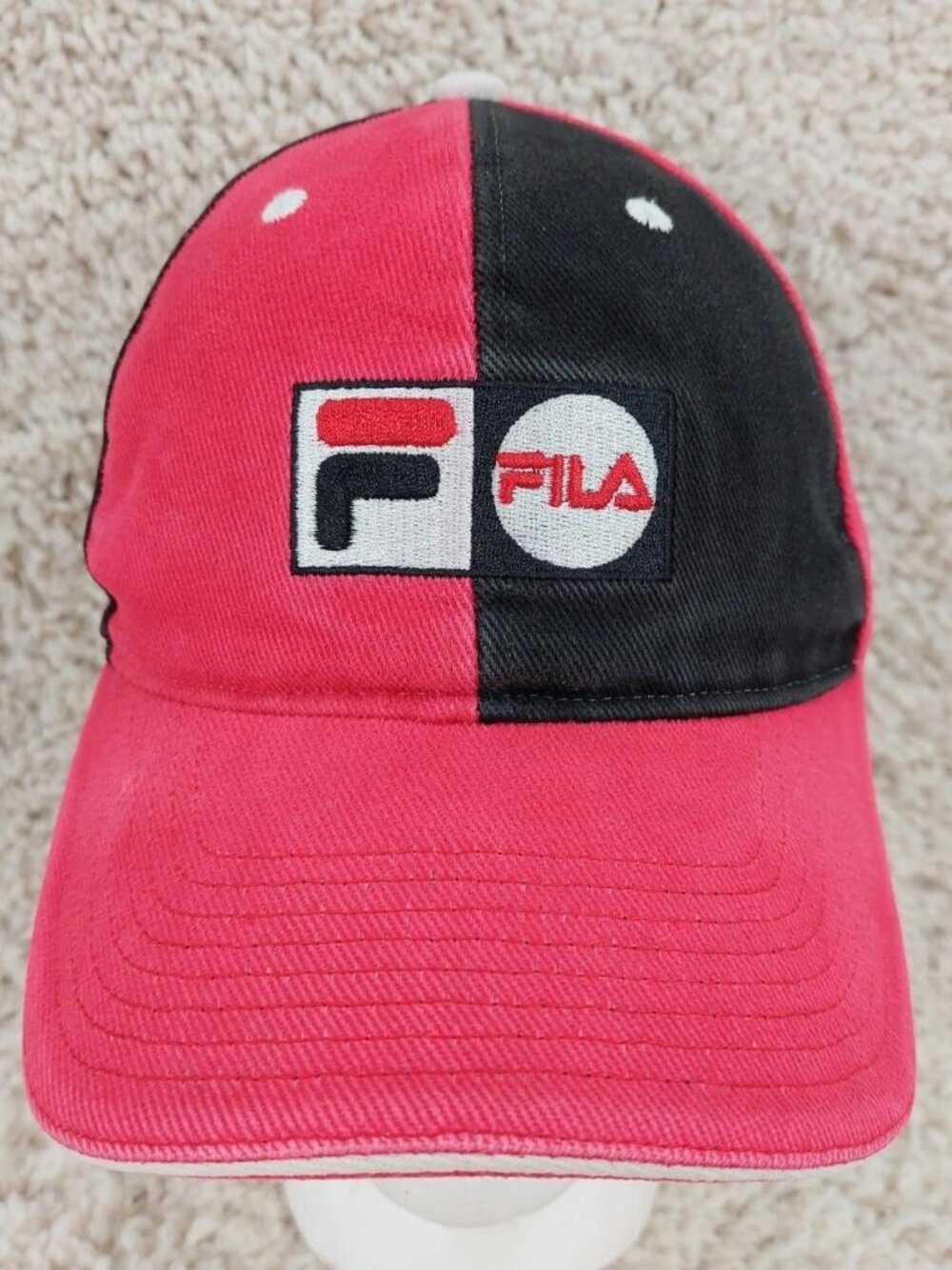 Vtg Fila Split Panel Strapback Cap Hat, Embroidered Logo, Red/Black, Blokecore